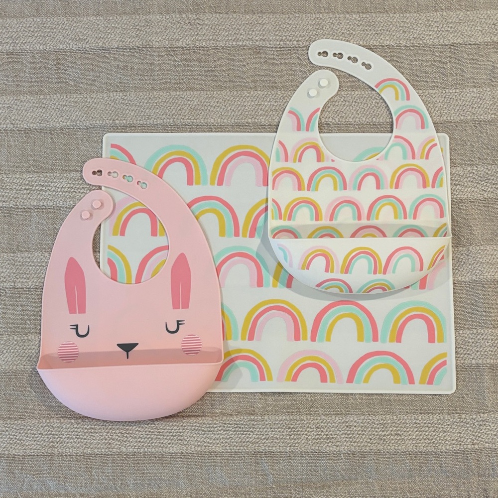Cloud Island‎ Silicone Bibs (2) + Placemat Rainbow Bunny Pastel Spring Easter